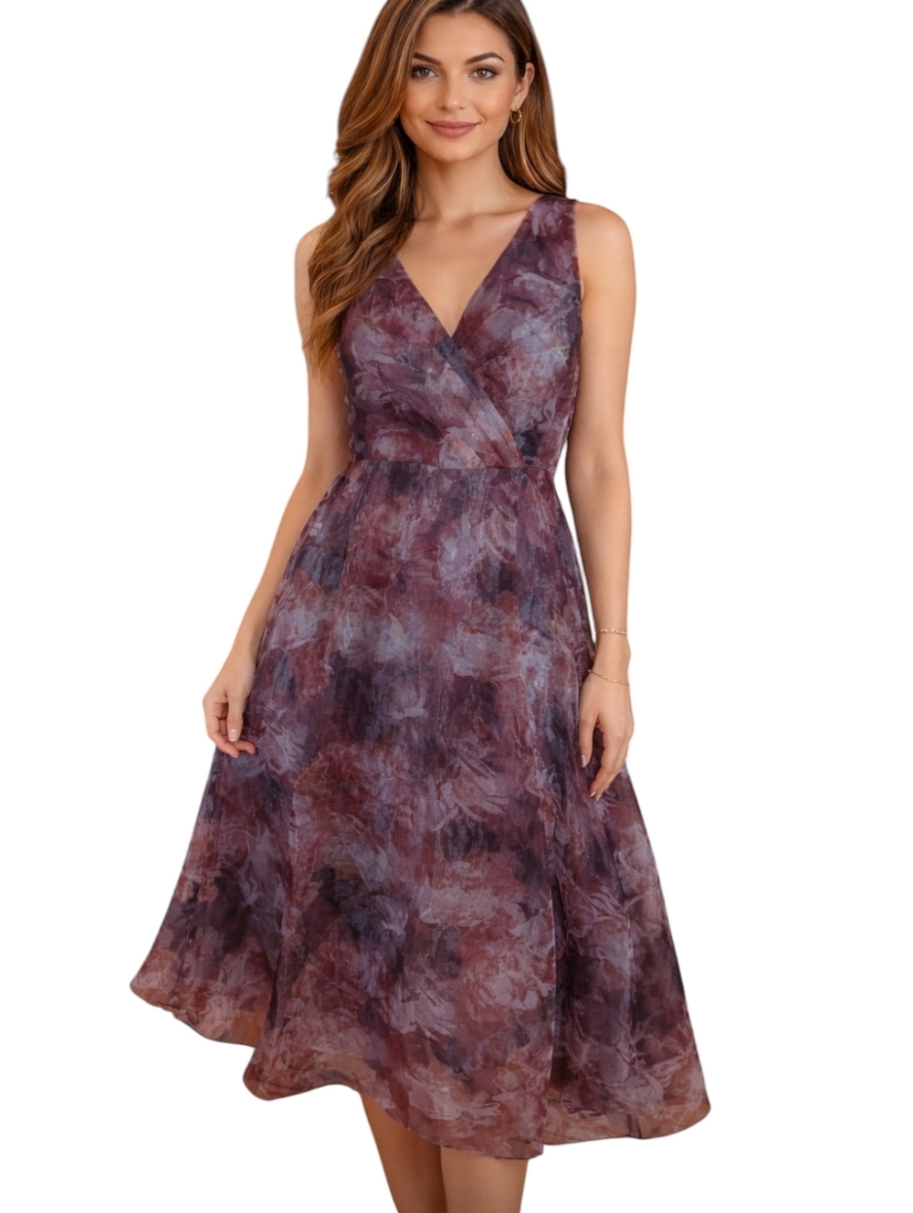 Julia Jordan Muliticolor Purple Dress, Sleeveless, Pleated Front Sze 8